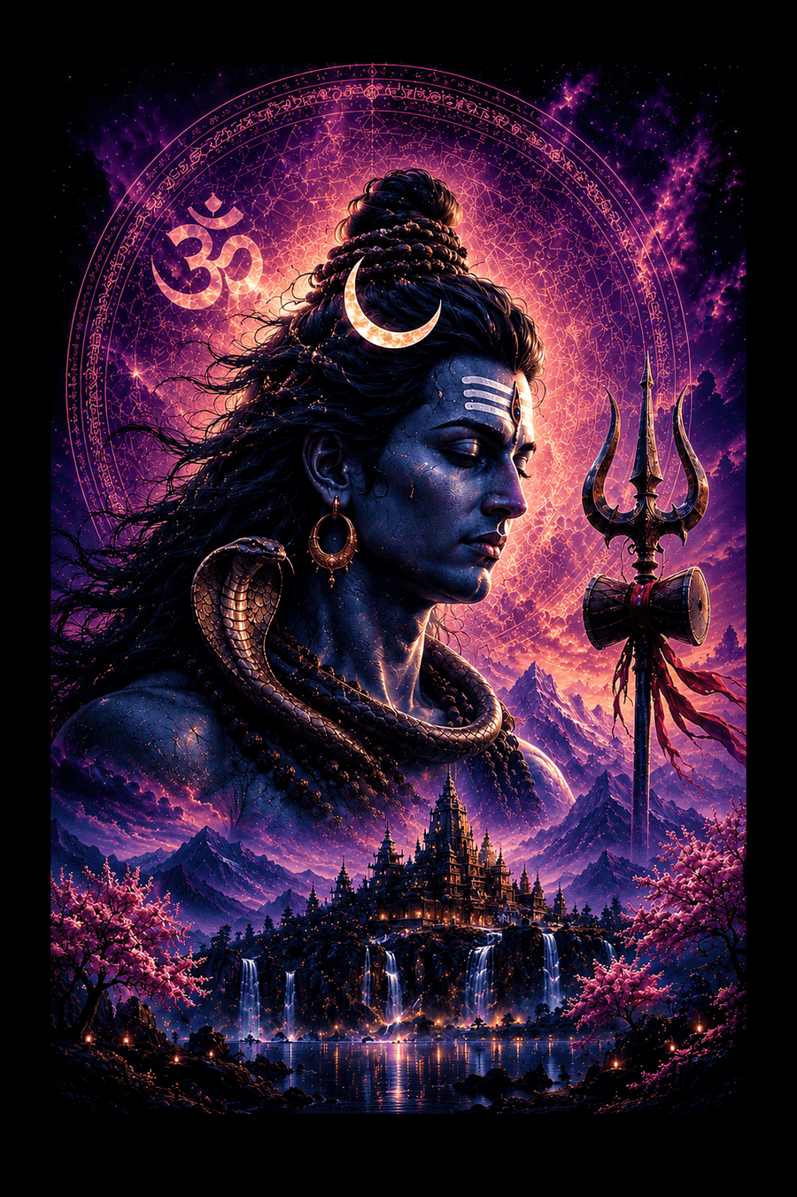 Lord Shiva purple cosmic vision acrylic art frame with Om symbol crescent moon trishul and sacred temple waterfalls for pooja room wall