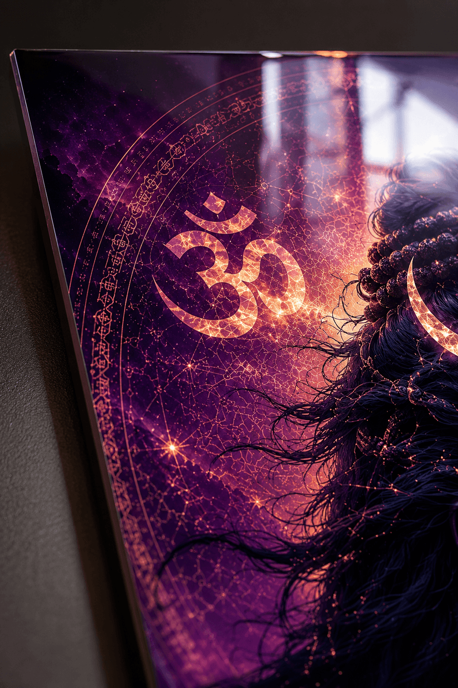 Lord Shiva purple cosmic vision acrylic art frame with Om symbol crescent moon trishul and sacred temple waterfalls for pooja room wall