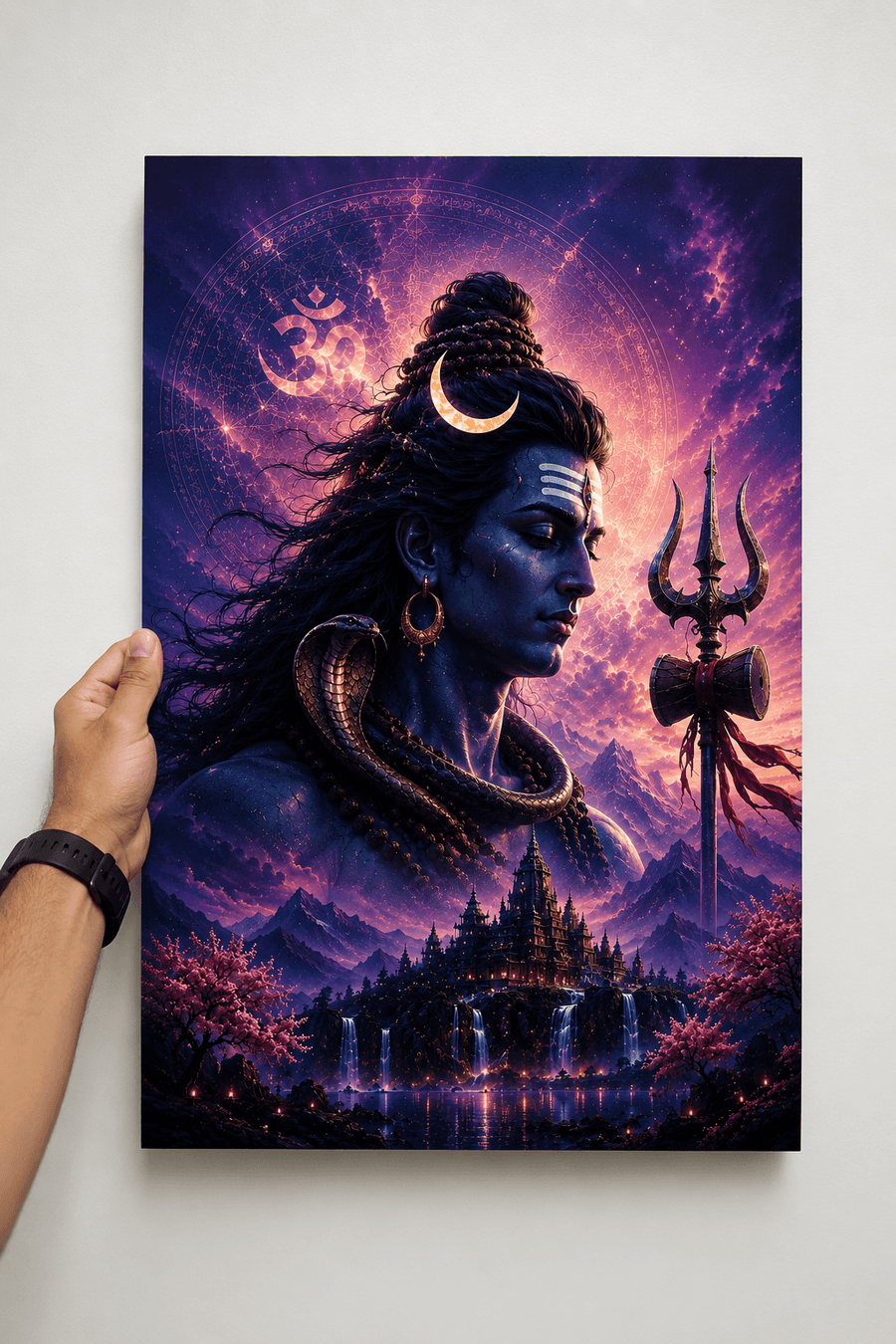Lord Shiva purple cosmic vision acrylic art frame with Om symbol crescent moon trishul and sacred temple waterfalls for pooja room wall