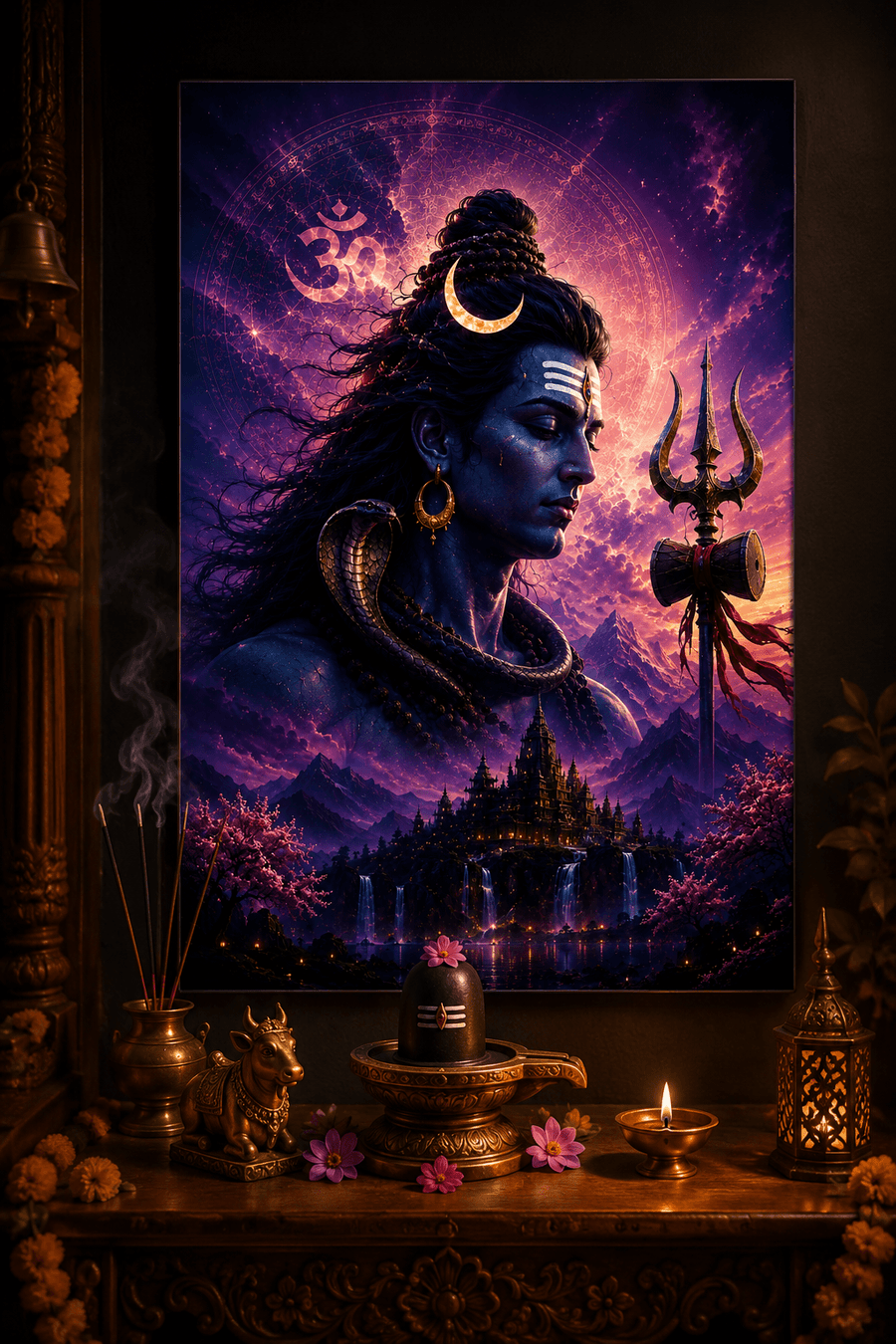 Lord Shiva purple cosmic vision acrylic art frame with Om symbol crescent moon trishul and sacred temple waterfalls for pooja room wall