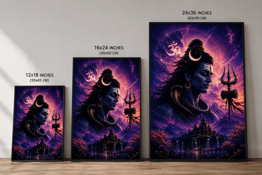 Lord Shiva purple cosmic vision acrylic art frame with Om symbol crescent moon trishul and sacred temple waterfalls for pooja room wall
