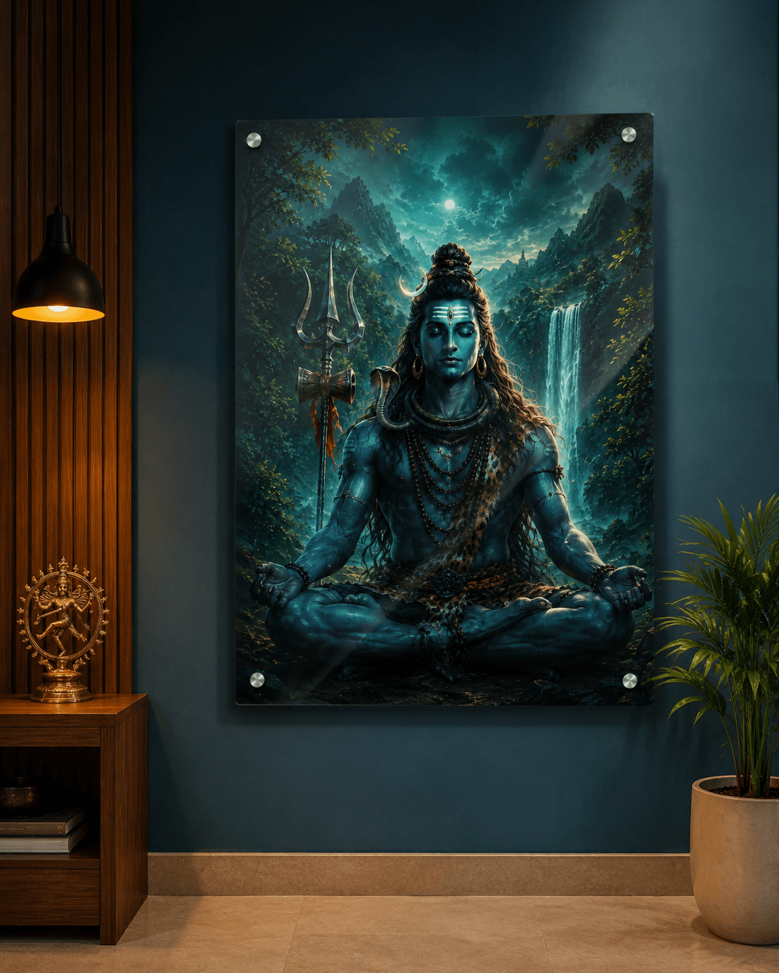 Lord Shiva seated in meditation lotus pose in teal forest with waterfall and full moon acrylic art frame for home decor