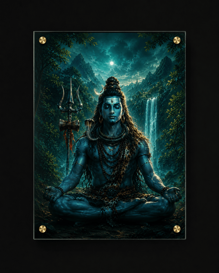 Lord Shiva seated in meditation lotus pose in teal forest with waterfall and full moon acrylic art frame for home decor
