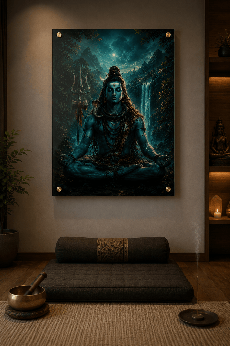 Lord Shiva seated in meditation lotus pose in teal forest with waterfall and full moon acrylic art frame for home decor