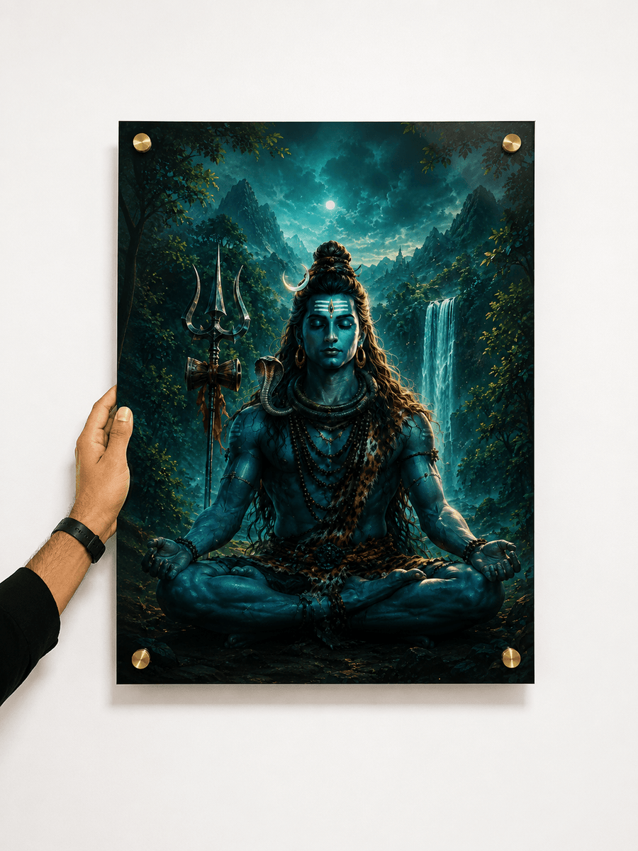 Lord Shiva seated in meditation lotus pose in teal forest with waterfall and full moon acrylic art frame for home decor