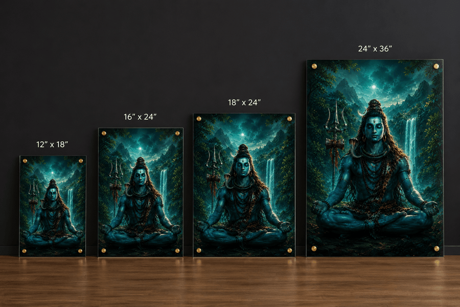 Lord Shiva seated in meditation lotus pose in teal forest with waterfall and full moon acrylic art frame for home decor
