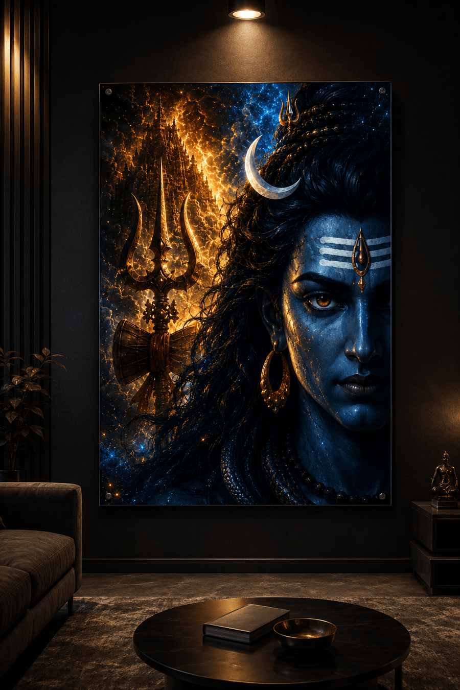 Lord Shiva cosmic blue close-up face with golden trishul cosmic fire and galaxy background premium acrylic art frame