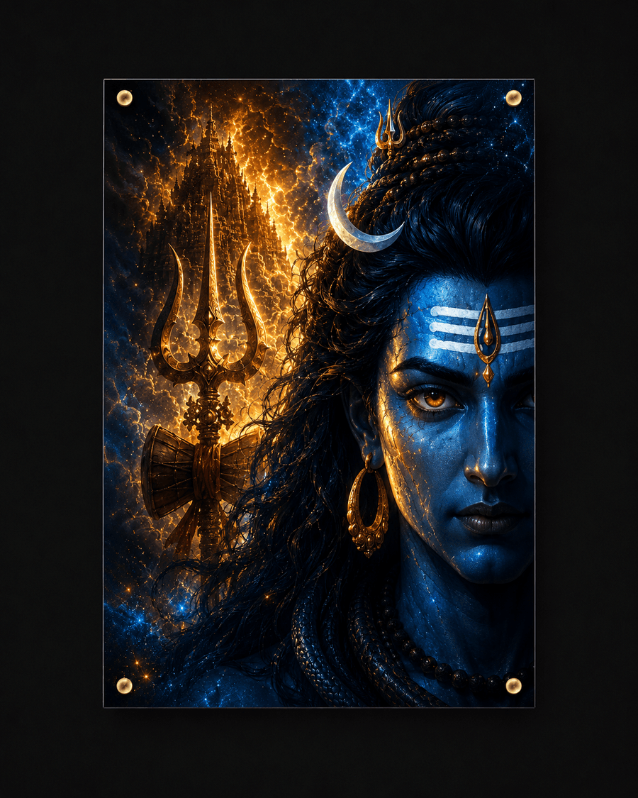 Lord Shiva cosmic blue close-up face with golden trishul cosmic fire and galaxy background premium acrylic art frame