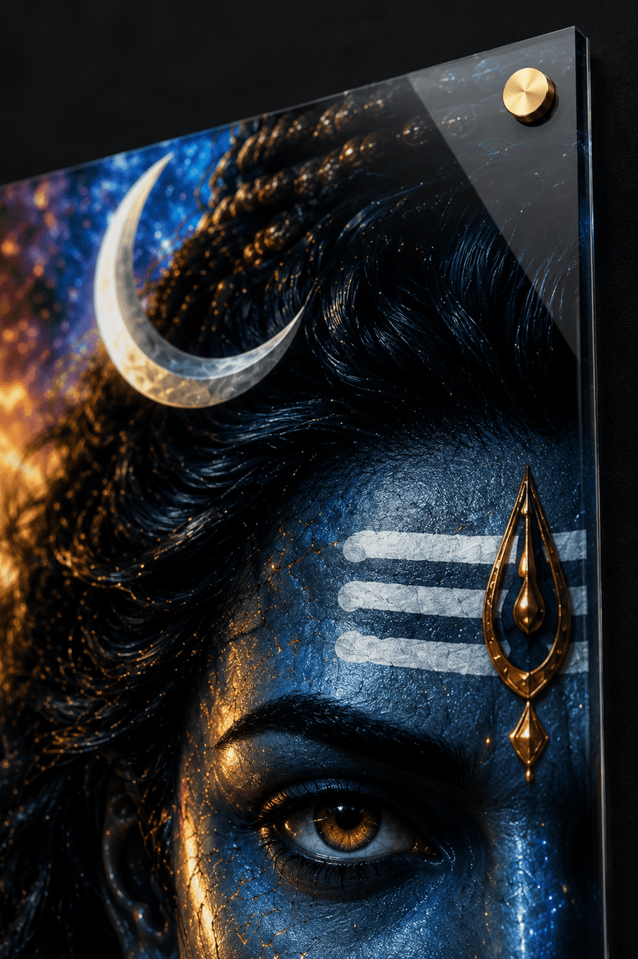 Lord Shiva cosmic blue close-up face with golden trishul cosmic fire and galaxy background premium acrylic art frame