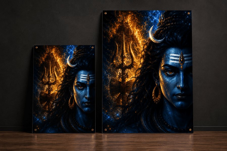 Lord Shiva cosmic blue close-up face with golden trishul cosmic fire and galaxy background premium acrylic art frame