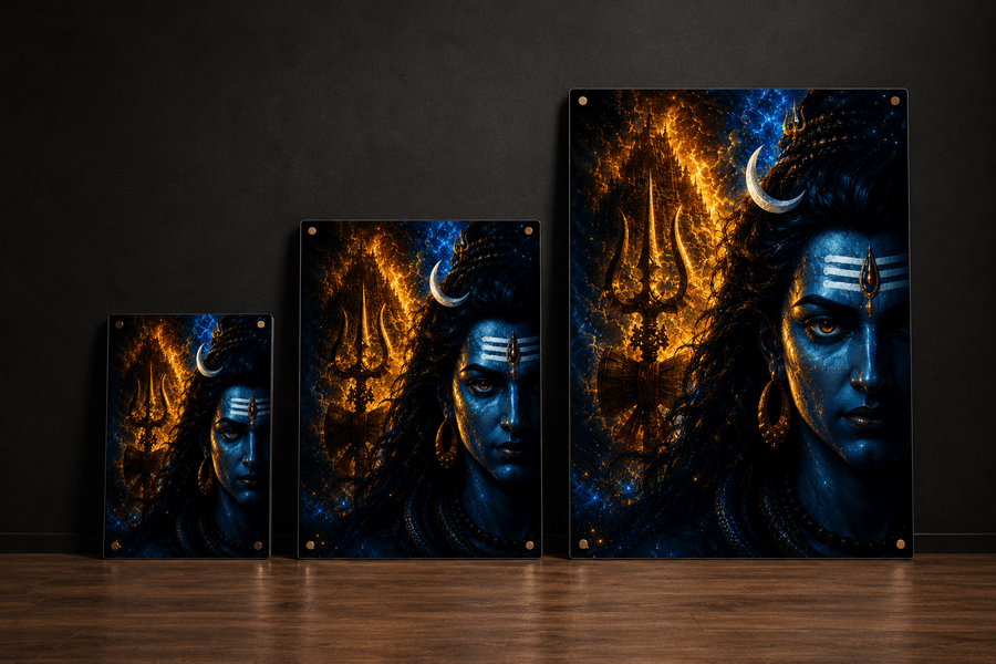 Lord Shiva cosmic blue close-up face with golden trishul cosmic fire and galaxy background premium acrylic art frame