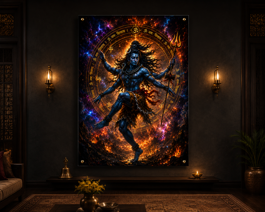 Lord Shiva performing cosmic Tandav dance with Om Namah Shivaya Sanskrit mantra ring fire and lightning premium acrylic art frame
