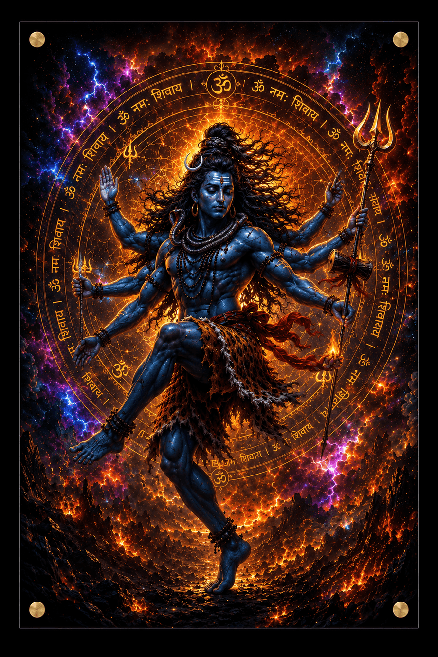 Lord Shiva performing cosmic Tandav dance with Om Namah Shivaya Sanskrit mantra ring fire and lightning premium acrylic art frame