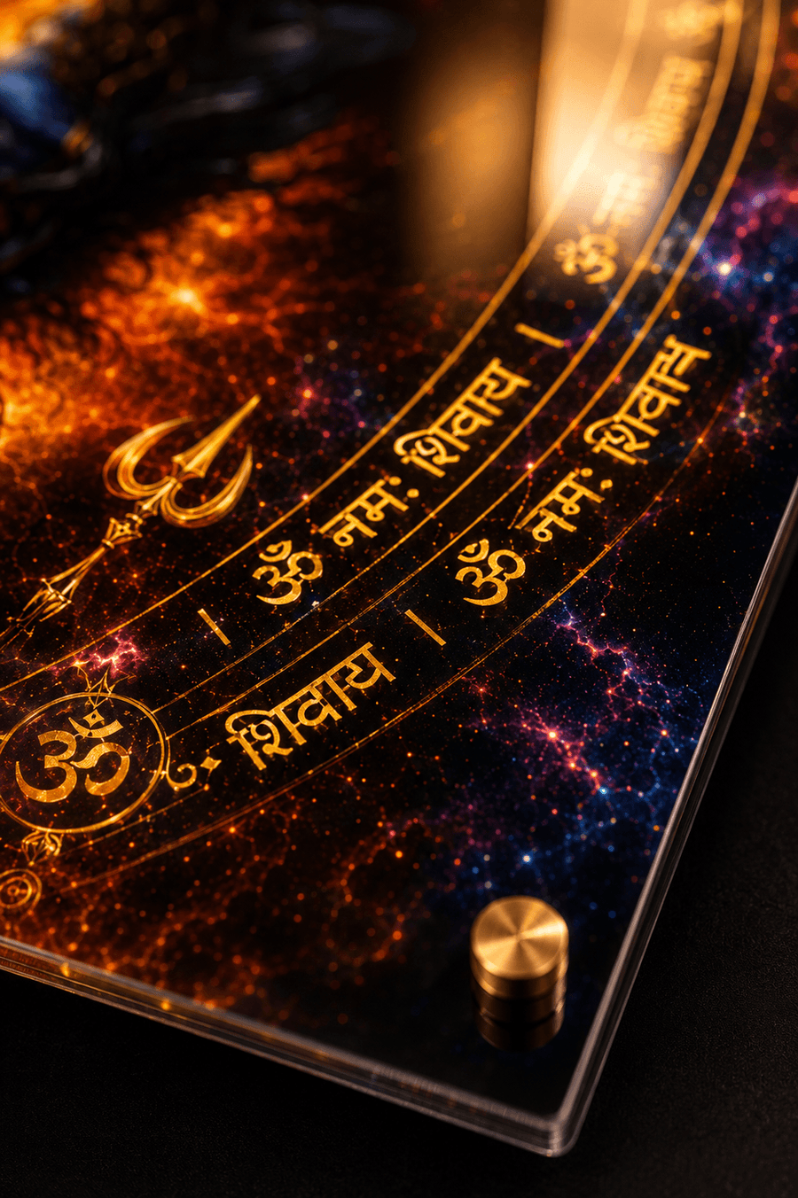 Lord Shiva performing cosmic Tandav dance with Om Namah Shivaya Sanskrit mantra ring fire and lightning premium acrylic art frame