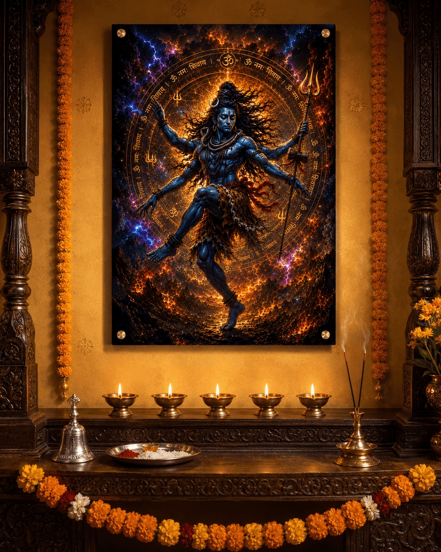 Lord Shiva performing cosmic Tandav dance with Om Namah Shivaya Sanskrit mantra ring fire and lightning premium acrylic art frame