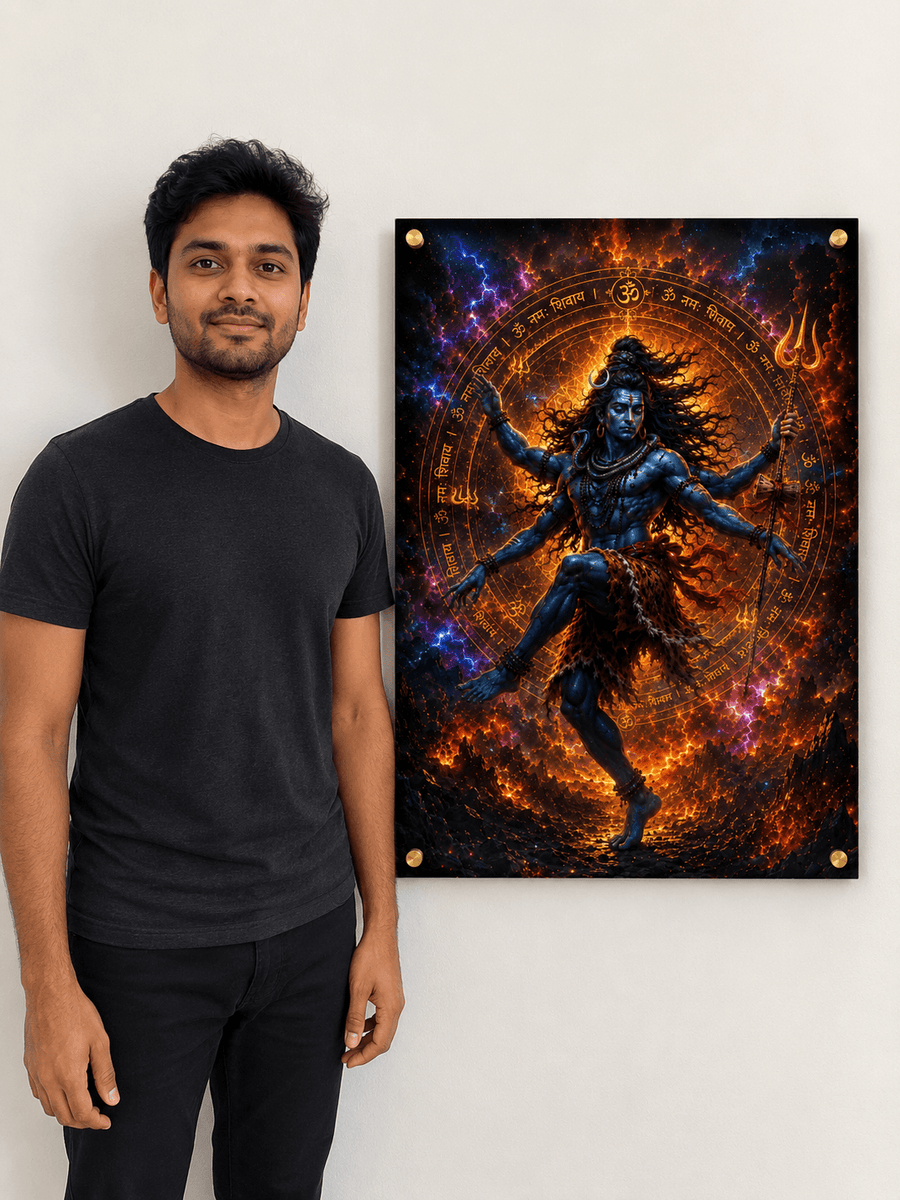Lord Shiva performing cosmic Tandav dance with Om Namah Shivaya Sanskrit mantra ring fire and lightning premium acrylic art frame