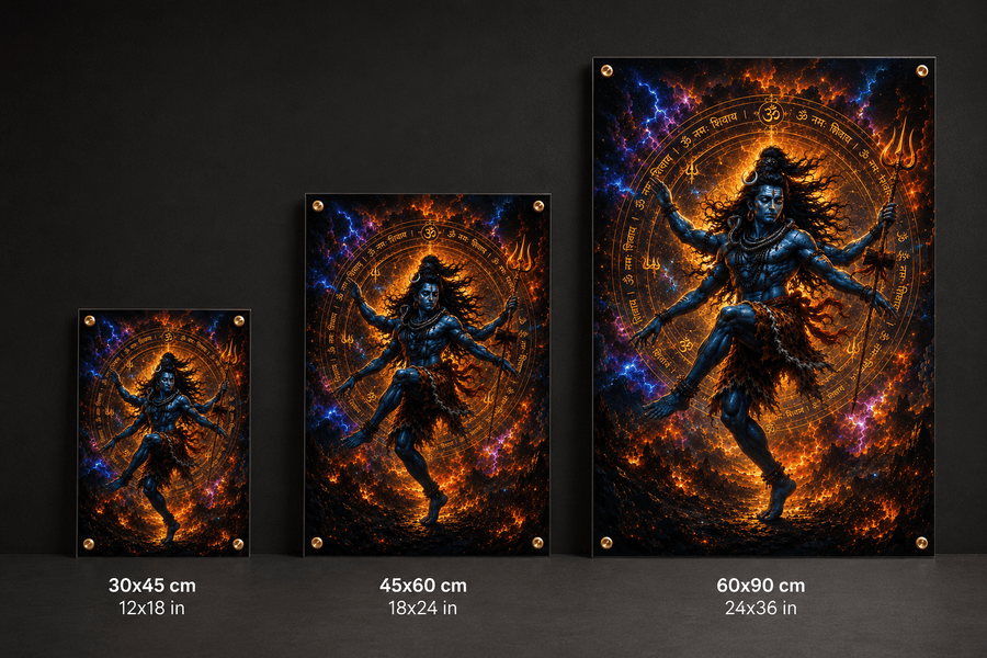 Lord Shiva performing cosmic Tandav dance with Om Namah Shivaya Sanskrit mantra ring fire and lightning premium acrylic art frame