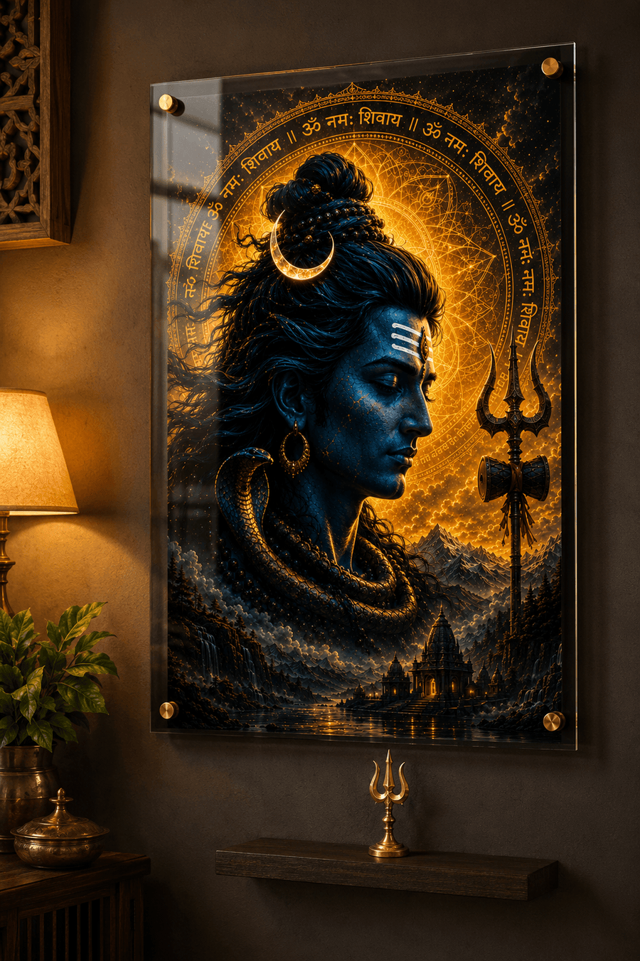 Lord Shiva side profile with golden glowing Om Namah Shivaya Sanskrit mantra ring cobra trishul and temple acrylic art frame for pooja room