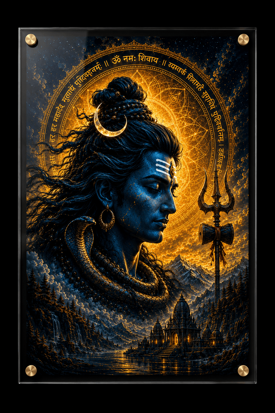 Lord Shiva side profile with golden glowing Om Namah Shivaya Sanskrit mantra ring cobra trishul and temple acrylic art frame for pooja room