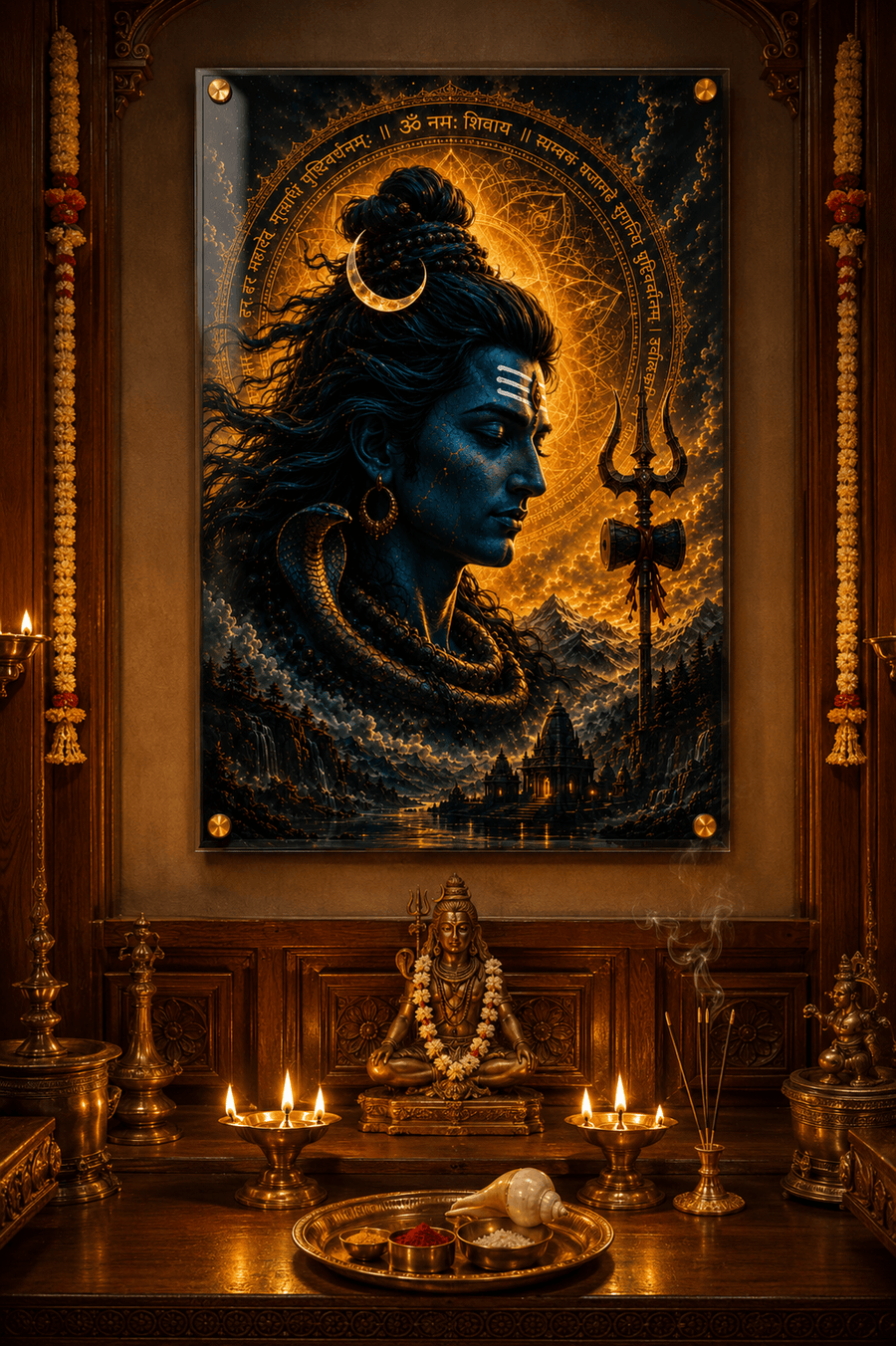 Lord Shiva side profile with golden glowing Om Namah Shivaya Sanskrit mantra ring cobra trishul and temple acrylic art frame for pooja room