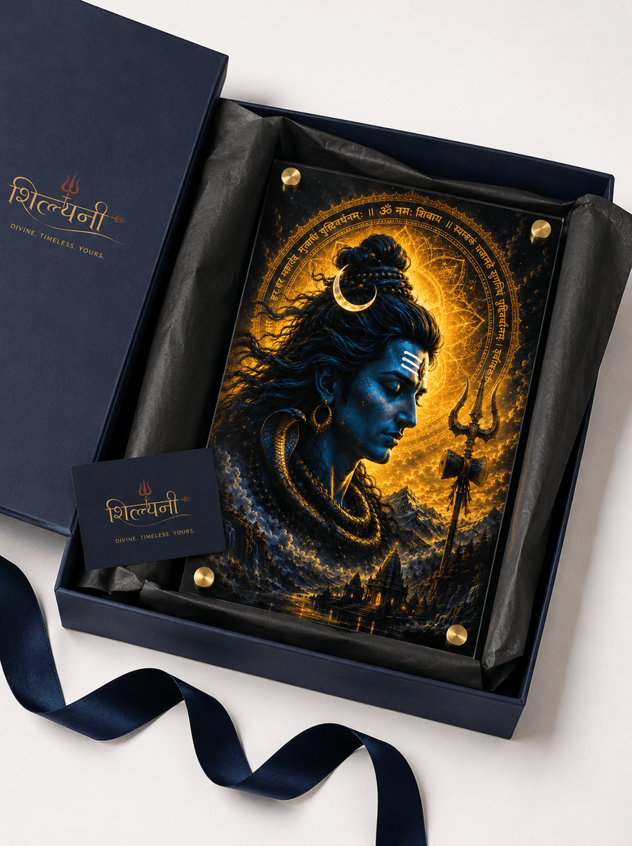 Lord Shiva side profile with golden glowing Om Namah Shivaya Sanskrit mantra ring cobra trishul and temple acrylic art frame for pooja room