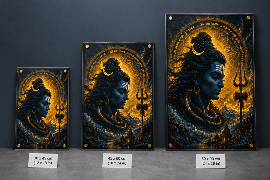 Lord Shiva side profile with golden glowing Om Namah Shivaya Sanskrit mantra ring cobra trishul and temple acrylic art frame for pooja room